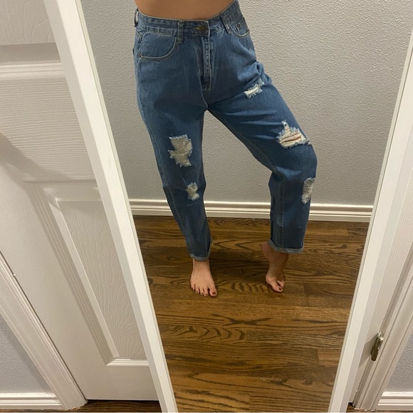 S/4 high waist/ high rise Ripped Roll Hem Mom Jeans distressed denim - Picture 2 of 4
